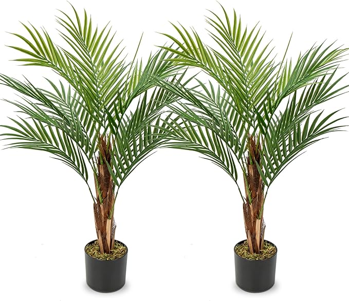 2 Set Fake Palm Tree 3ft Tall with 13 Lifelike Trunks Faux King Palm Artificial King Palm in Pots Tall Silk Plant for Indoor Home Office Living Room Floor Decor