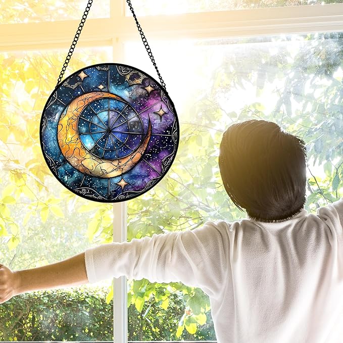 DASTOLL Stained Glass Window Hanging, Blue Starry Sky Moon Astrolabe Suncatcher for Doors Home Sun Catchers Decoration and Christmas, Mother's Day Birthday Gifts for Women, Men, and Mom 7.8 in
