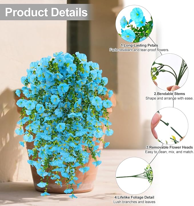 Artificial Flowers for Outdoors Decoration, 4Pcs Fake Hanging Flowers Morning Glory UV & Fading Resistant, Artificial Faux Plants Deocr for Home Porch Patio Balcony Planter Yard Garden Farmhouse
