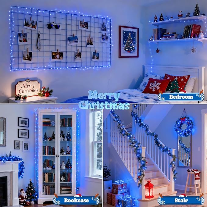 JMEXSUSS 2 Pack Fairy Lights Battery Operated, Total 200 LED 66ft Blue String Lights Waterproof with Remote Timer, Blue Christmas Lights for Bedroom Indoor Outdoor Wedding Party Xmas Tree Decor