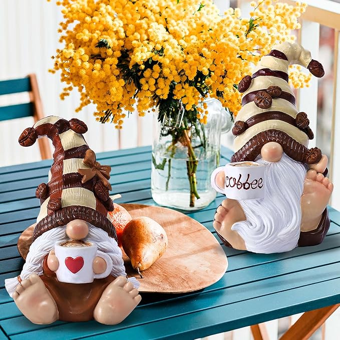 2PCS Coffee Gnomes Figurines Valentines Day Decorations Valentines Gifts Coffee Bar Accessories Decor Elfs Statue Cute Resin Housewarming Gifts for Women Tiered Tray Table Ornament,Sit 4.7H