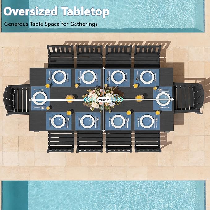 11-Piece Patio Dining Set for 10, HDPE All-Weather Outdoor Furniture with Umbrella Hole Table, 89.76” Oversized Table, 2 Armchairs & 8 Armless Chairs, Black