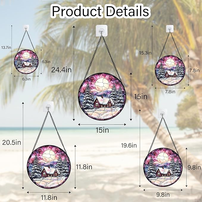 AMDERVEN Stained Glass Window Hanging - Winter Snow Scene Cabin Moon Sun Catcher for Door Garden Home Decor Pine Tree Suncatcher Christmas Mother's Day Birthday Gifts for Women Men Mom Nana 15 in