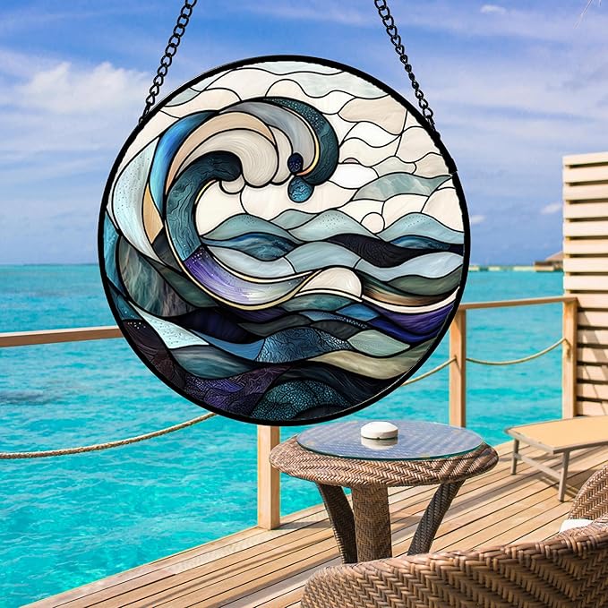 DASTOLL Stained Glass Window Hanging, Ocean Waves Sun Catchers Diamond Glass Panel Hangings Abstract Suncatcher Decor for Birthday for Women, Men, Wife, Aunt, and Mom 14.9x14.9 in