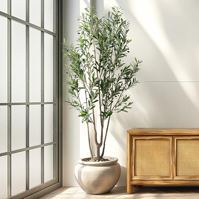 Erimda 7FT Artificial Olive Tree Tall Faux Silk Plant Tall Faux Olive Tree with Natural Wood Trunk & Lifelike Fruits Fake Potted Tree or Home Office Decor