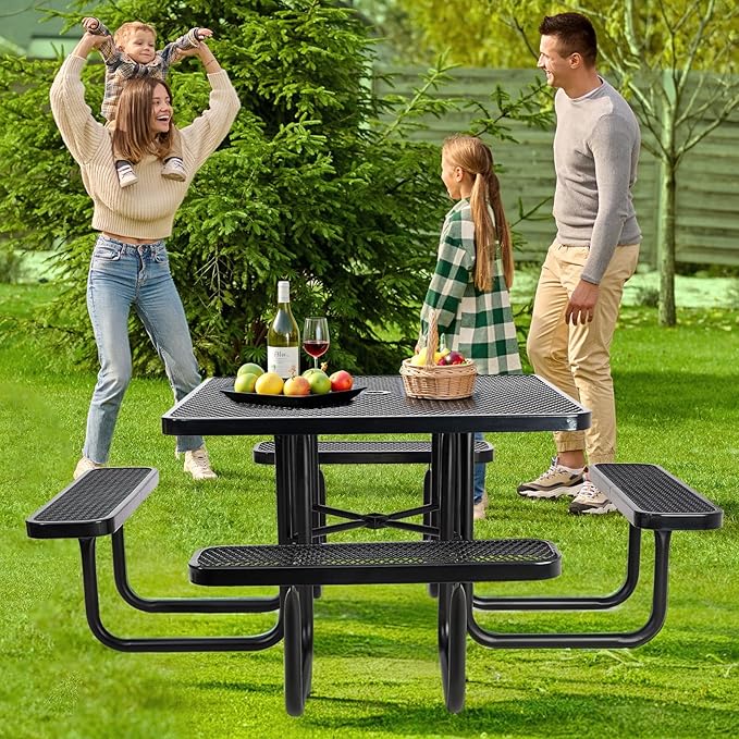 46" Square Top Outdoor Picnic Table Set for Up to 8 Persons, Outside Table Set with 4 Built-in Benches, Metal Commercial-Grade Dining Furniture with Umbrella Hole for Garden, Backyard, Porch, Patio