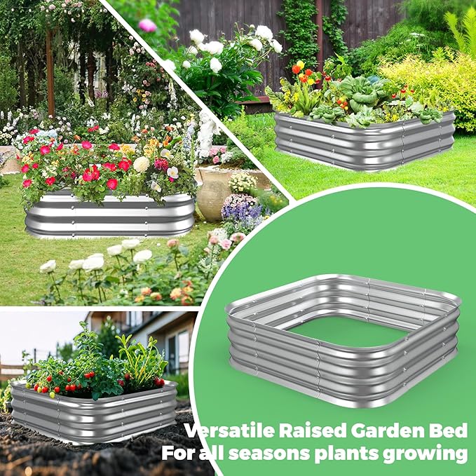 Galvanized Raised Garden Bed, 4x4x1ft Garden Planter Bed Outdoor, Heavy Duty Rustproof Steel Raised Bed Kit for Gardening Vegetables Fruits Flowers Grow, Silver