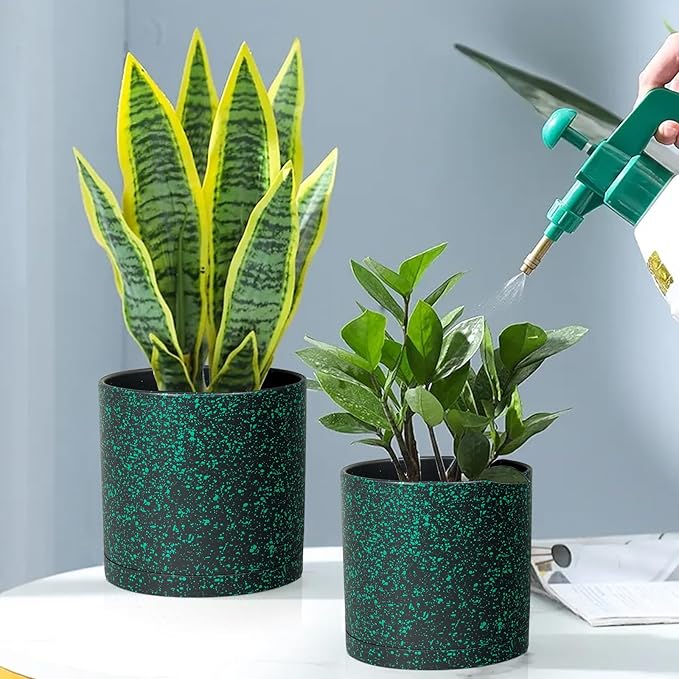 Meowell 8/7/6 inch Plant Pots, 3 Pack Cylindrical Flower Pots for Outdoor Indoor Plants, Decorative Plastic Planters with Drainage Holes and Saucers for Garden House Plants, Black with Green Speckles