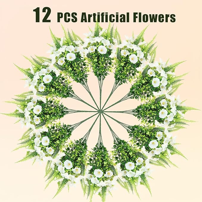 HIAGROW Artificial Flowers Outdoors 12 Bundles White Artificial Petunias Fake Flowers UV Resistant Shrubs Plants with Fern for Indoor Outside Hanging Planters Home Garden Summer Decorations