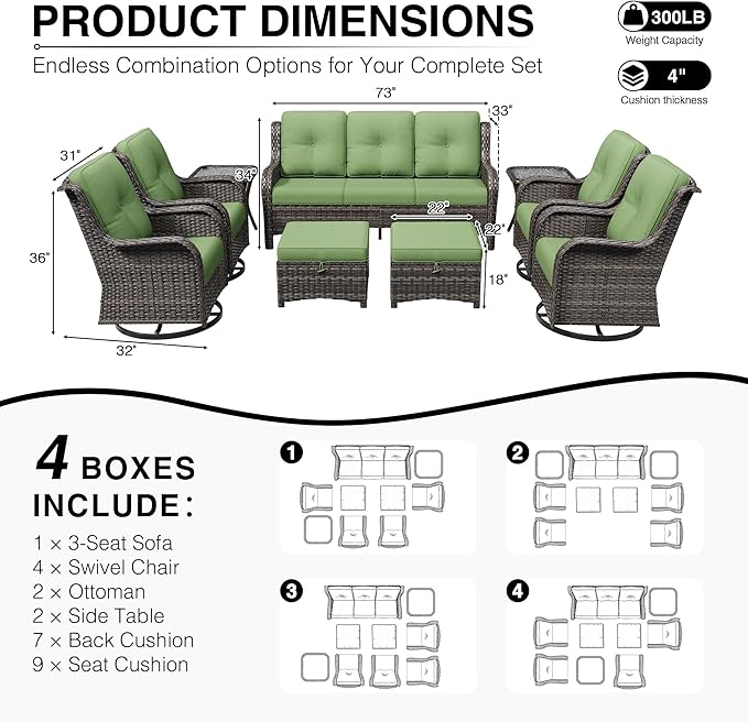 Joyside 9 Piece Wicker Patio Furniture Set, Outdoor Swivel Rocker Patio Chairs with High Back, Deep Seating, Wide Armrest, Thickened Cushions, Outdoor Furniture for Deck, Porch Use