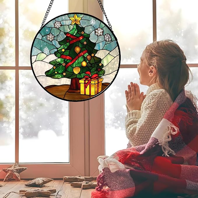 DASTOLL Stained Glass Window Hanging Green Christmas Tree Snowflake 6.3" - Suncatcher Door Garden Sun Catcher Xmas Holiday Decor Birthday for Mom Men Woman Friend Nana