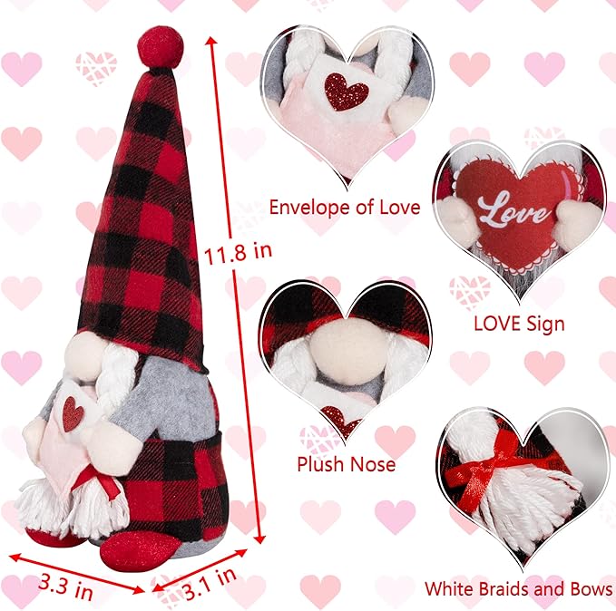 2 Pack Valentine Day Gnomes, Buffalo Gnome Doll Decorations for Home, Handmade Gnome Valentines Decor, Scandinavian Tomte Gnome Doll, Valentines Gifts for Mantel Sofa Table Decorations