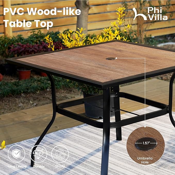 PHI VILLA 5 PCS Patio Dining Set with 4 Padded Outdoor Swivel Dining Chairs and 37"x 37" Premium PVC Table Top Dining Table(1.57" Umbrella Hole), Outdoor Dining Table & Chair Set for Deck Lawn Garden