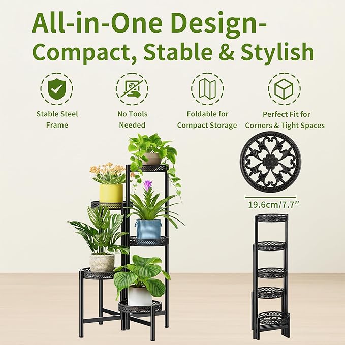 NQW Plant Stand Indoor Outdoor, 5 Tier Corner Metal Flower Display Holder Shelf, Folding Tall Rack for Patio Balcony Porch Garden Living Room House, Heavy Duty Wrought Iron Plant Shelf- BlackWave