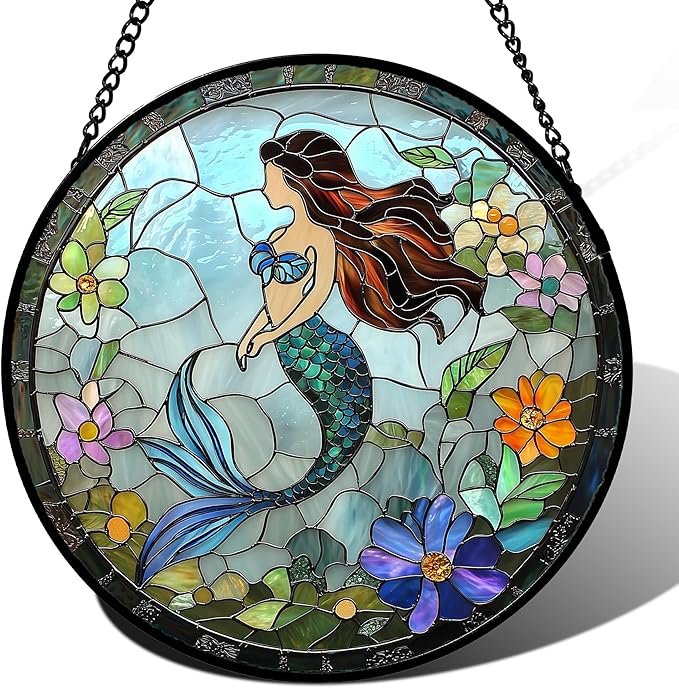 JOSUMALY Stained Glass Window Hanging - Light Blue Mermaid Suncatcher for Door Terrace Garden Home Decor, Ocean Flowers Sun Catcher Birthday Gifts for Lovers Women Men Dad Mom Nana 7.8 in