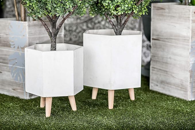 CosmoLiving by Cosmopolitan Magnesium Oxide Geometric Indoor Outdoor Planter Hexagon Large Planter Pot with Brown Wooden Legs, Set of 2 Planters 15", 17"H, White
