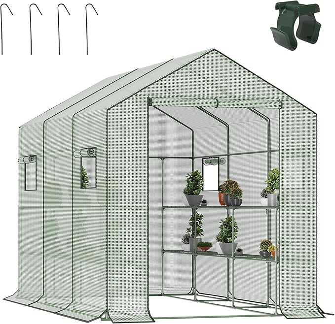 9.75 ft Big Walk in Greenhouse with Screen Windows & Roll-Up Zipper Door, 67 x 117 x 83'' Plant Green Houses for Outdoors, 3 Tiers 18 Shelves Stands Plastic Portable Heavy Duty Indoors Warm (Green)