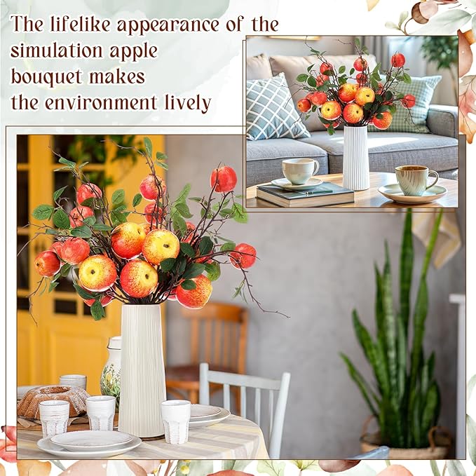 10 Pcs 17.72 Inches Artificial Fake Apple Branches Realistic Tall Apple Bouquets Tree Branch with Long Stem and Green Leaves Fruit Plant for Home Office Vase Filler Shop Decoration