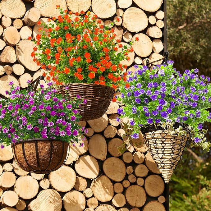Grunyia 10 Bundles Artificial Fake Flowers, Faux Outdoor Plastic Plants UV Resistant Shrubs Outside Indoor Decorations (Orange-Eucalyptus)