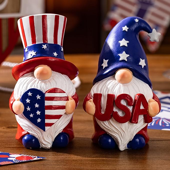 Outdoor Patriotic Garden Gnomes, 2pcs 4th of July Gnome Decor Indoor, Red White Blue Decorations, Gnomes Gifts for Women Mom Grandma