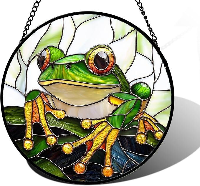 DASTOLL Stained Glass Window Hanging, Green Frog White Petals Sun Catchers Colorful Glass Panel Cute Suncatcher Decor for Birthday for Women, Men, Wife, Aunt, and Mom 11.8x11.8 in