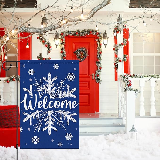 Heyfibro Welcome Christmas Winter Garden Flag 12x18 Inch Double Sided Burlap, Snowflake Yard Banner for Seasonal Holiday Xmas Outdoor Decoration(ONLY FLAG)