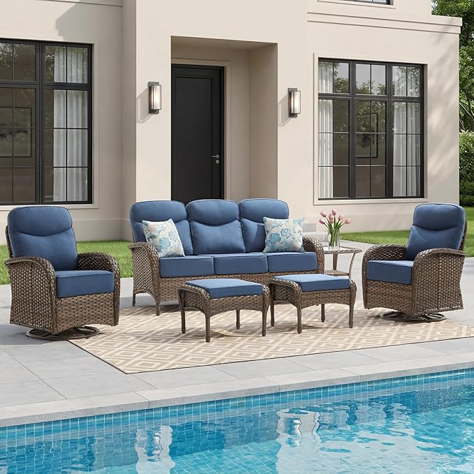 Outdoor Swivel Rocking Chair Patio Set (6-Piece), High-Back - Thick Cushion Swivel Rocking Chair Patio Set, All-Weather Wicker Patio Furniture Set, Suitable for Balcony Patios, Brown/Blue