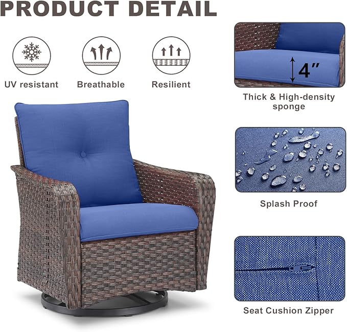 Rilyson Outdoor Patio Swivel Rocker Chairs - 4 PC Wicker Rattan Patio Rocking Glider Chair Set with High Back,Comfy Cushions and Deep Seating for Porch Deck Backyard Garden(Brown/Blue)