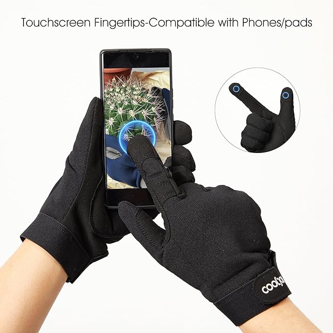 COOLJOB Thorn Proof Garden Gloves with Touchscreen Fingers for Men, Rose Pruning Work Gloves with Palm Cushion for Gardener, Farmer and Landscaper (Black 1 Pair XL)