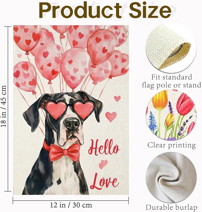 Valentine's Day Great Dane Hello Love Garden Flag, House Yard Plaid Love Heart Outside Decoration, Spring Holiday Wedding Anniversary Outdoor Small Decor 12x18(12628)