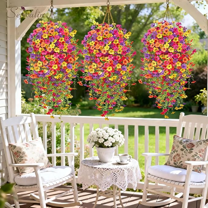 Serwalin 6PCS Artificial Fall Flowers for Outdoors Decoration, Realistic Silk Artificial Fall Hanging Flowers for Patio, Garden, Porch, Window, Outside (Yellow, Hot Pink, Purple &Orange,6PCS)