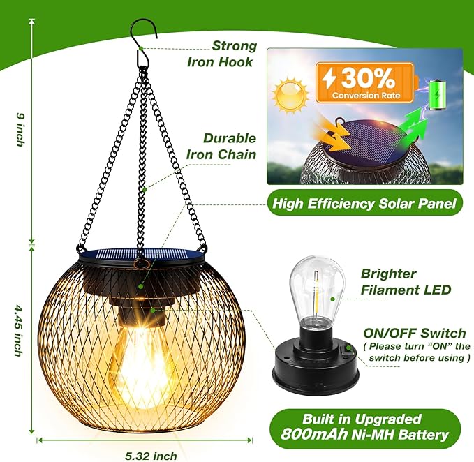 Solar Lanterns Outdoor Waterproof 4 Pack, Upgraded Metal Solar Hanging Lights with Hooks & Auto On/Off, Brighter Warm Outdoor Hanging Lantern Lighting for Porch Garden Yard Pathway Decor