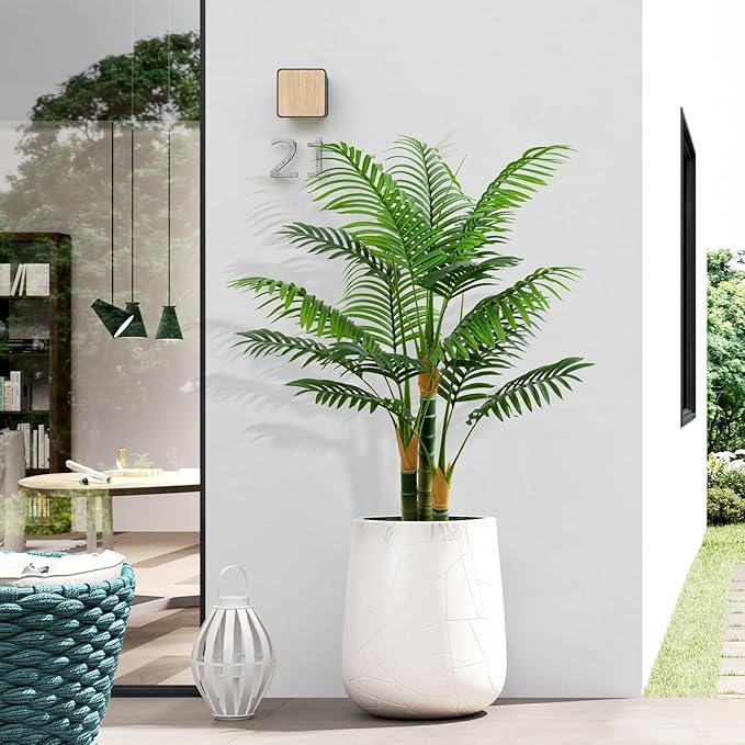 4ft Tall Golden Cane Artificial Tree Palm Outdoor, Large Artificial Plants Outdoor Faux Palm Tree with 3 Textured Trunks, Fake Tree for Indoor Outdoor Office Living Room Outside Patio