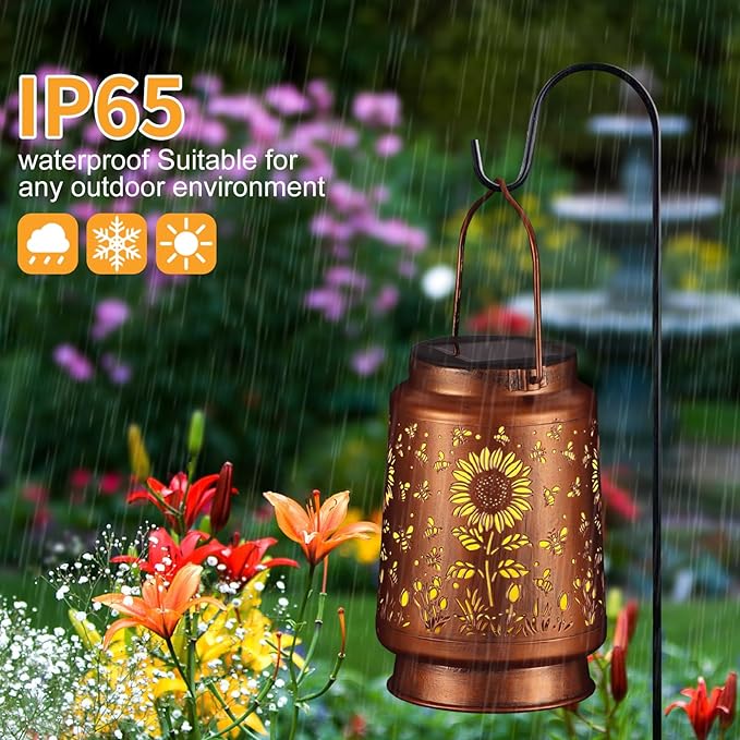Solar Lantern Outdoor Hanging Waterproof Outside Metal Openwork Hummingbird Pattern Birthday Gifts for Women Mom Landscape Lights for Porch Garden Yard Patio Pathway Decor(Sunflower + Bee)
