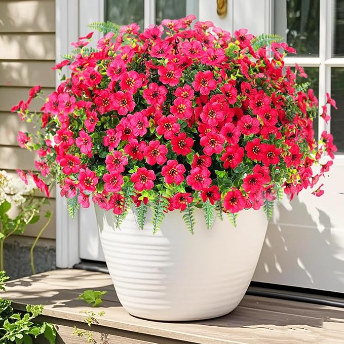 Pinenoya Artificial Faux Plants Flowers Outdoor Decoration,16 Bundles Fake Silk Colorful Daisy Eucalyptus Realistic UV Resistant for Outside Home Planter Porch Patio Yard Decor (Red)