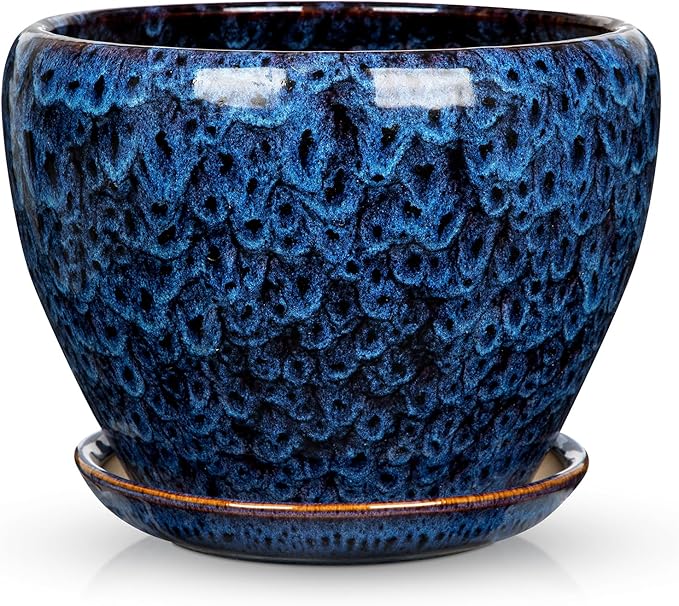 Hollyone 9inch Ceramic Planter Blue Ceramic Plant Pot for Plants Flowers with Drainage Hole and Saucers Ceramic Glaze Round Flower Plant Pot for Indoor Outdoor Large Round Succulent Orchid Flower Pot