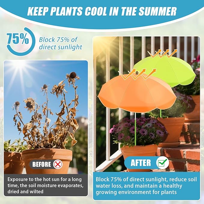 Axcoix 2 Pack Upgraded Plant Umbrellas for Outdoor Plants, 26" Larger Garden Plant Umbrella Shade with Adjustable Angle, 43.4" Higher Sun Shade for Plants, Potted Plant, Garden Beds (Green, Orange)