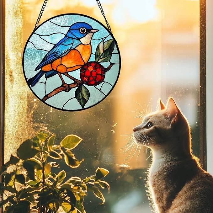 AMDERVEN Stained Glass Window Hanging 4 Pcs Set Cardinal Blue Birds 7.8" - Suncatcher Door Garden Sun Catcher Decor Birthday Mother's Day for Bird Lovers Men Woman Nana Friend