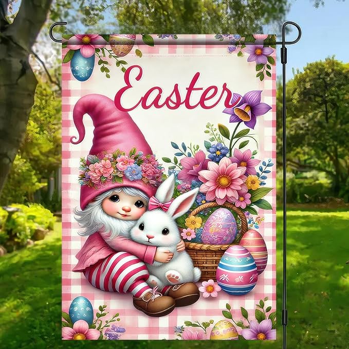 Easter Garden Flag 12x18 Inch Double Side Cute Girl Outdoor Decoration Yard Flag Welcome Easter Farmhouse Garden Flag Bunny and Flowers Outdoor Home Display Flag