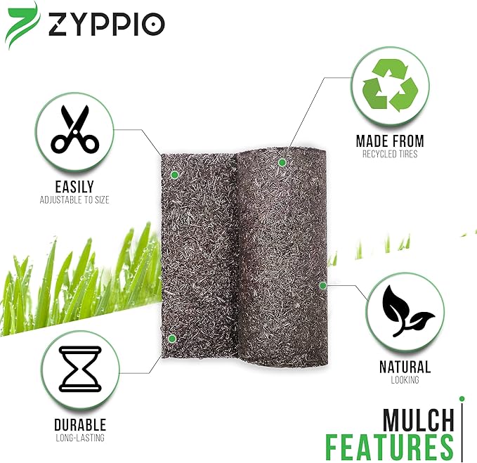 Black Rubber Mulch Border for Landscaping, 8' L x 2' W Roll, Natural-Looking Permanent Garden Barrier for Plants, Vegetables, and Flowers, Recycled and Sustainable, 16 Plastic Anchors Included