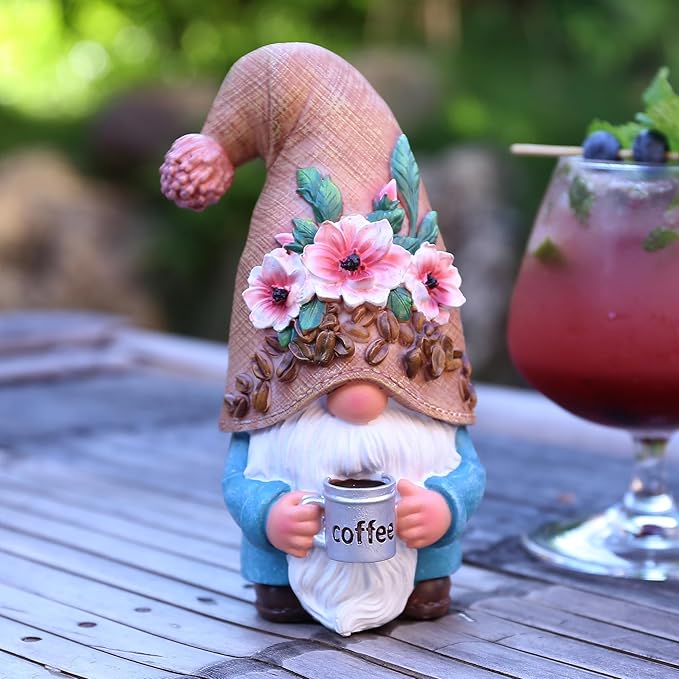 Coffee Gnome Playful and Fun Outdoor Decoration 6.5",Suitable for Garden, Balcony, Lawn Decoration, and Home Decoration, Fairy Garden.Garden Table Decor