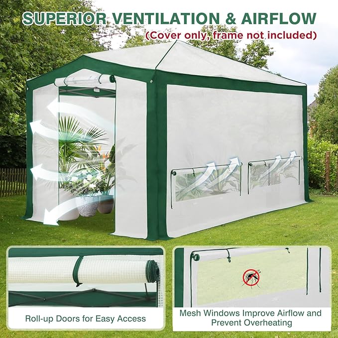 EAGLE PEAK Replacement Cover for 12x8 Pop up Greenhouse with Polyester Reinforced Corners, Front and Rear Roll-Up Zipper Entry Doors and 4 Roll-Up Side Windows (Frame Not Included), Green/White