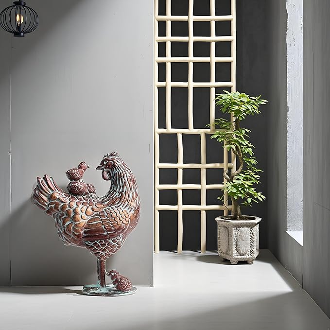 Metal Mother Hen and Chicks Statue for Yard and Garden,13.5" Lx18 H Outdoor Sculptures & Statues, Antique Metal Chicken Yard Art for Home Backyard Patio,Gift for Mom Grandma and Chicken Lovers