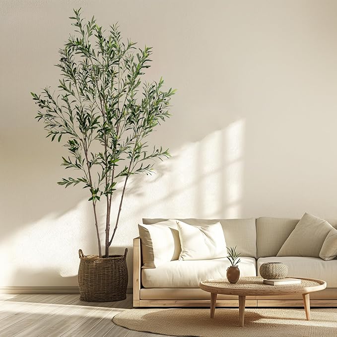 Erimda 8FT Artificial Olive Tree Tall Faux Silk Plant Tall Faux Olive Tree with Natural Wood Trunk & Lifelike Fruits Fake Potted Tree or Home Office Decor