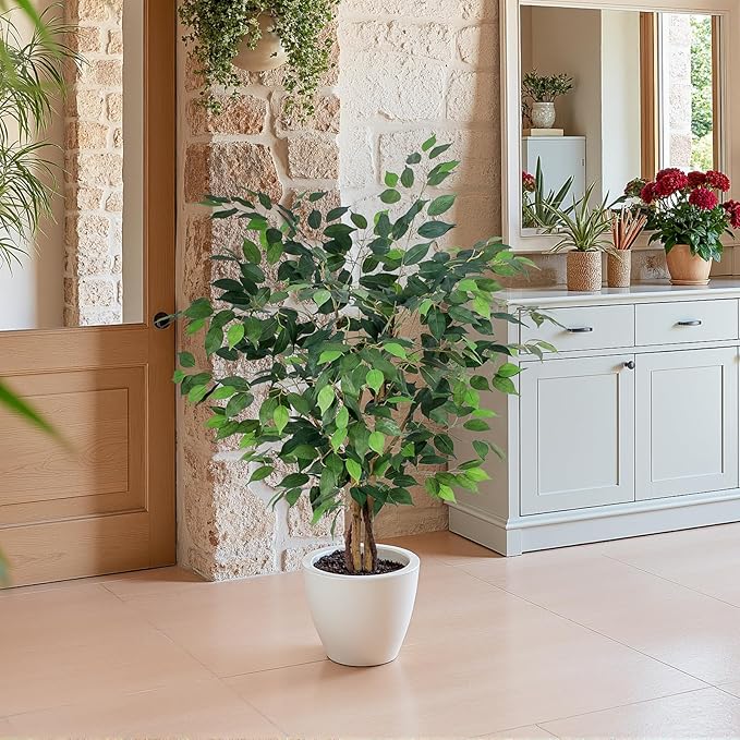AQUGQ Artificial Ficus Tree 4ft, Artificial Plants Indoor with Realistic Leaves & Trunk, Fake Plants for Home Office Living Room Decor.