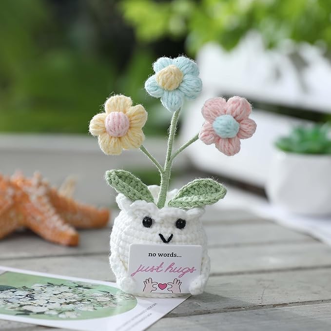 YOOJEE Crochet Sympathy Gifts for Loss of Loved One – No Words, Just Hugs Crochet Puff Flower Plant– Bereavement, Memorial, Get Well Soon, Grief Gift Idea for Loss of Grandpa Grandma Mom Dad