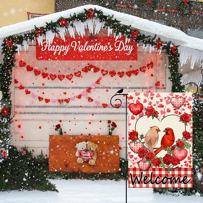 Welcome Valentine’s Day Cardinal Buffalo Love Heart Balloons Garden Flag Romantic Roses Yard Flag 12x18 Inch Double Sided Small Mini Yard Outdoor Outside Holiday Decoration