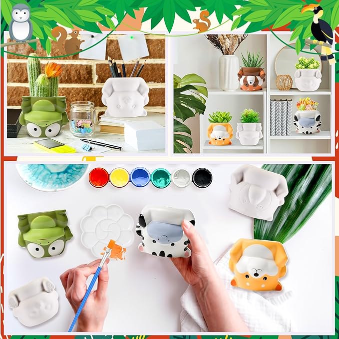 Chuangdi 6 Sets DIY Ceramic Succulent Pots Paint Animal Planters Unpainted Plant Flower Pot Paintable Ceramic Painting Kit Drainage Hole Color Paints Paintbrushes Palettes for Craft Activity