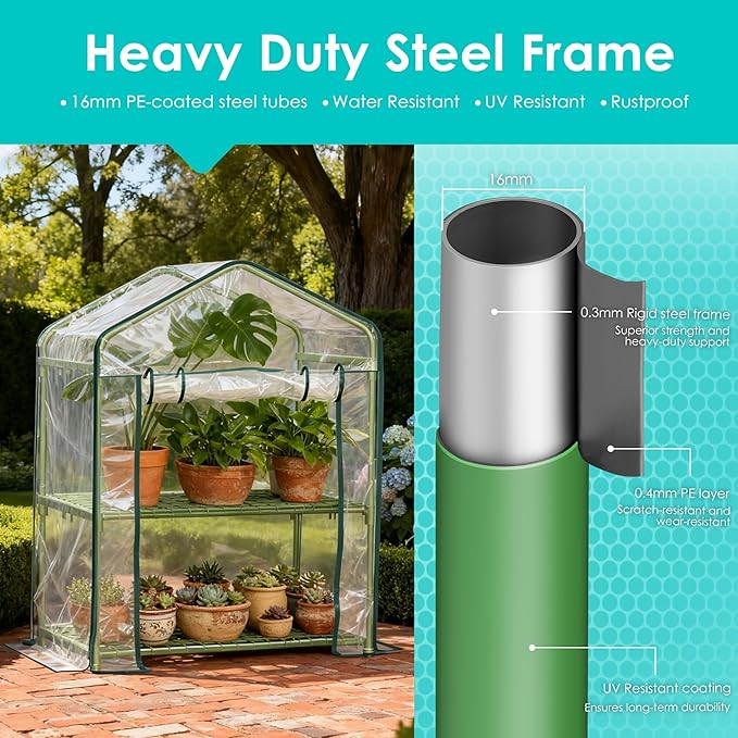Twira 2-Tier Mini Greenhouse Outdoor, Portable Small Greenhouses for Winter, PE-Coated Metal Frame & PVC Cover Green House for Outside Plants, Indoor Greenhouse Women Men Gardening Gifts 2.3x1.6x3ft