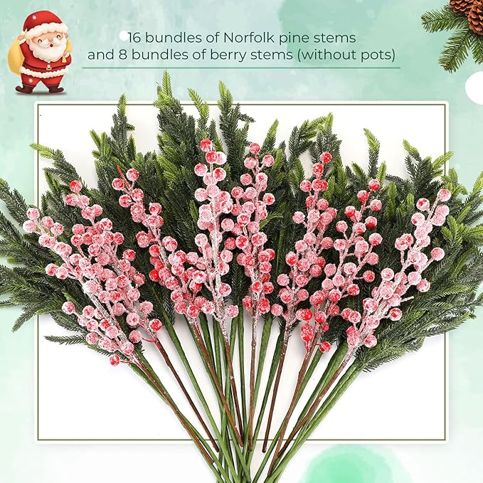 24 Pcs 23 Inch Christmas Realistic Norfolk Pine Branch Set with Red Berry Stems Artificial Green Plants Branches Faux Greenery Stem Fake Cedar Picks for Vase DIY Garland Wreath Home Decor
